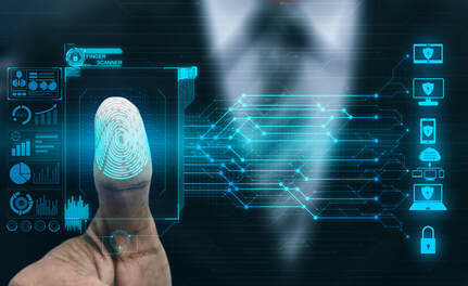 Electronic picture of digital symbols and a digital thumbprint with a man wearing a suit blurred out in the background